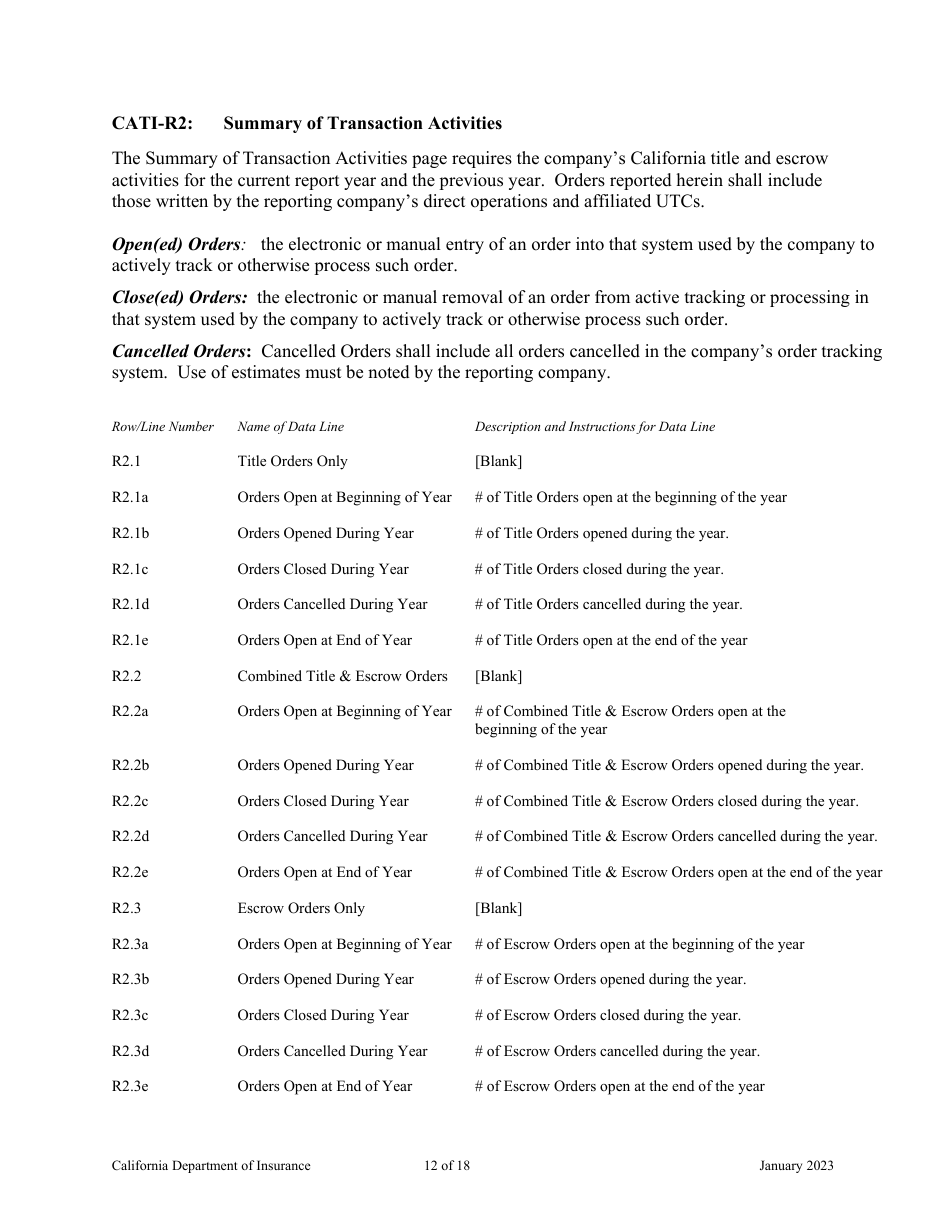Instructions for California Title Insurance Statistical Plan and Income Statement Report - California, Page 12