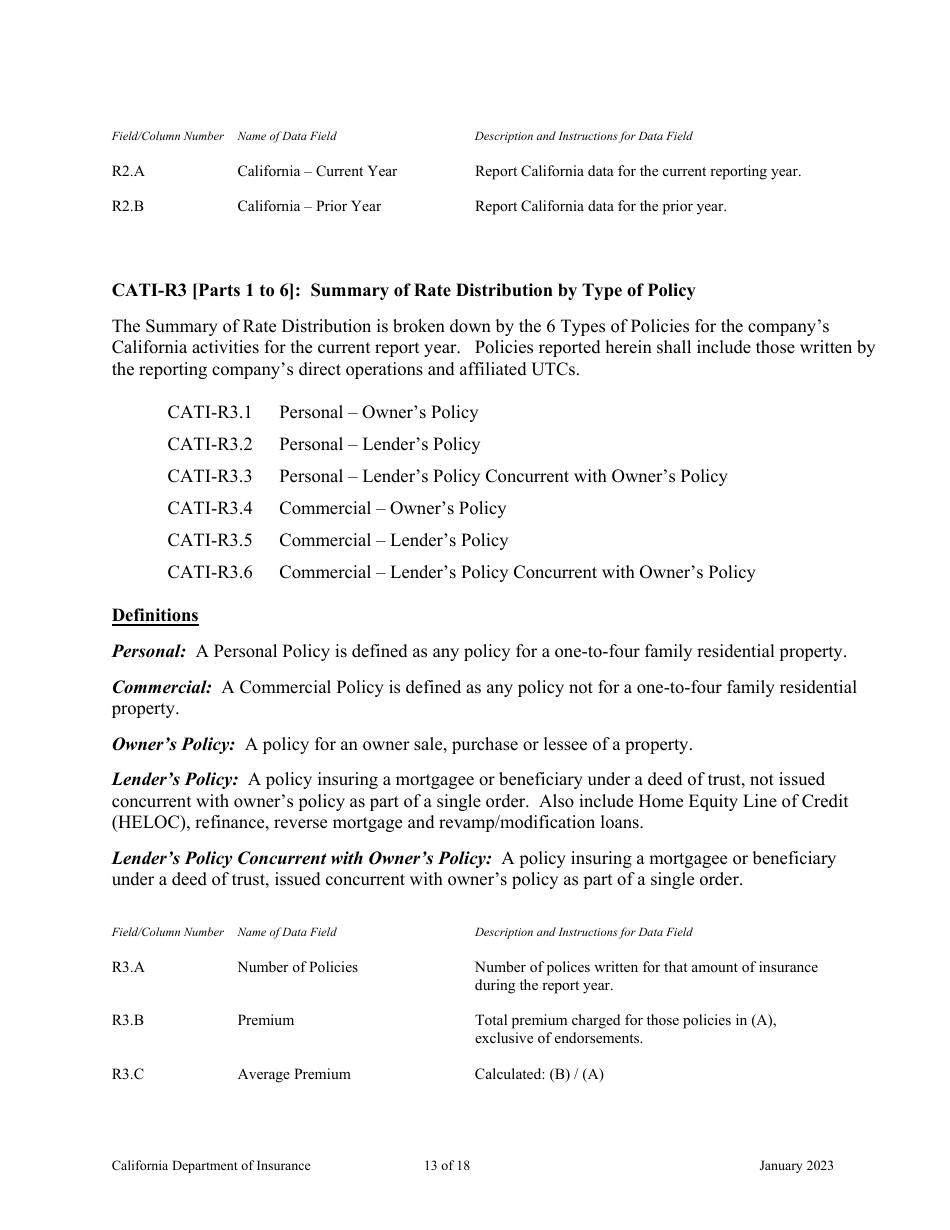 Instructions for California Title Insurance Statistical Plan and Income Statement Report - California, Page 13