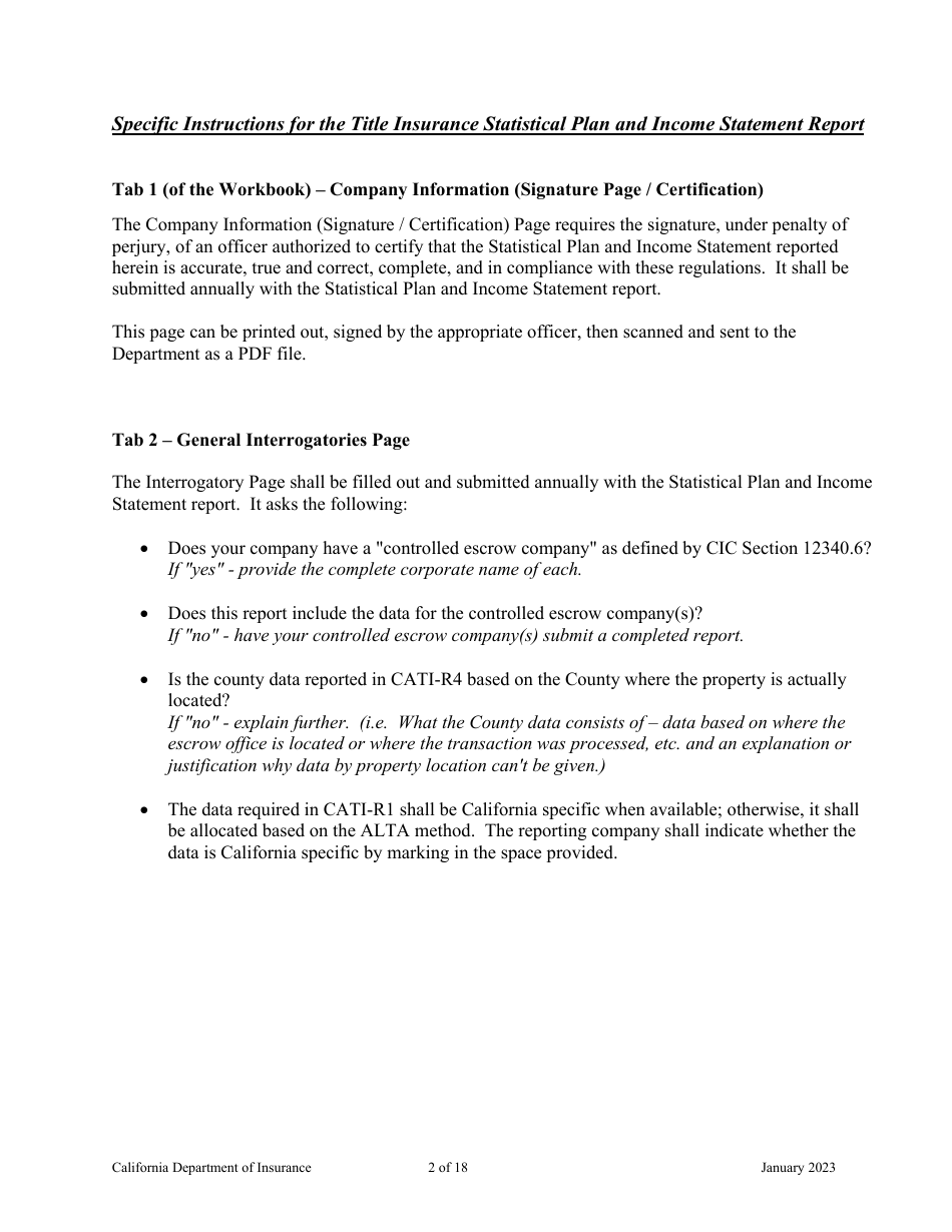 Instructions for California Title Insurance Statistical Plan and Income Statement Report - California, Page 2