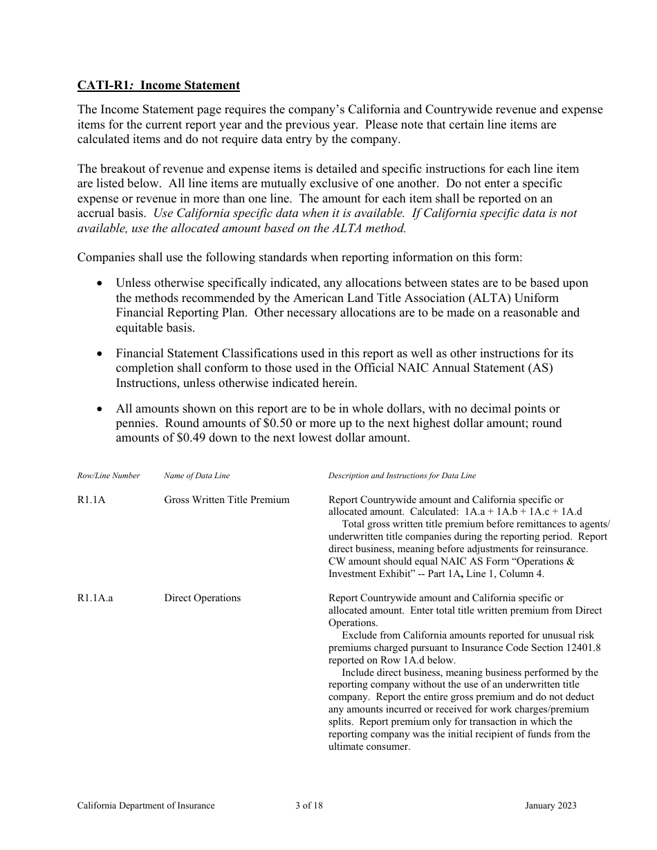 Instructions for California Title Insurance Statistical Plan and Income Statement Report - California, Page 3