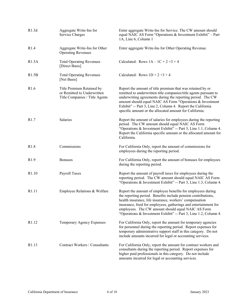 Instructions for California Title Insurance Statistical Plan and Income Statement Report - California, Page 6