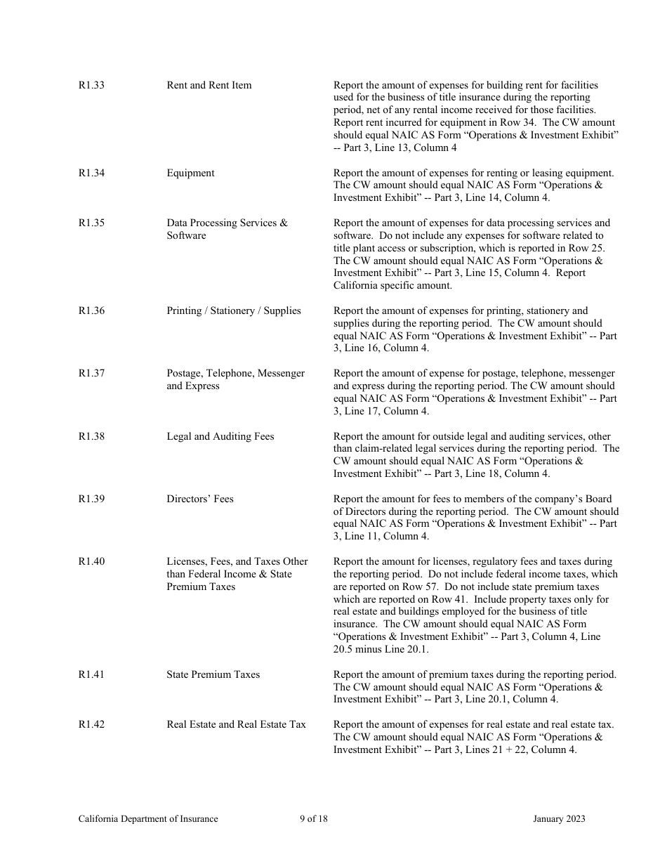 Instructions for California Title Insurance Statistical Plan and Income Statement Report - California, Page 9