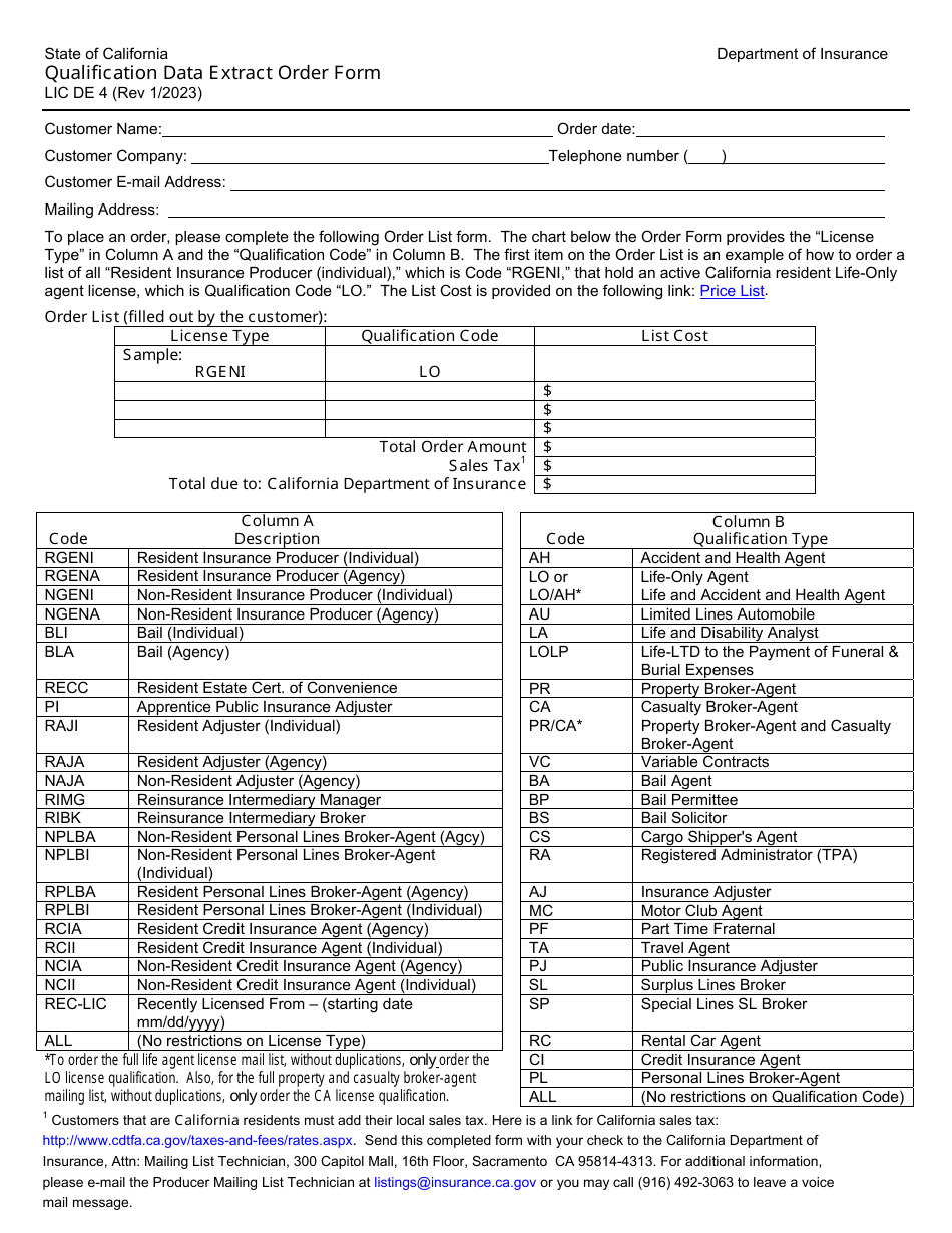 Form LIC DE4 Qualification Data Extract Order Form - California, Page 1