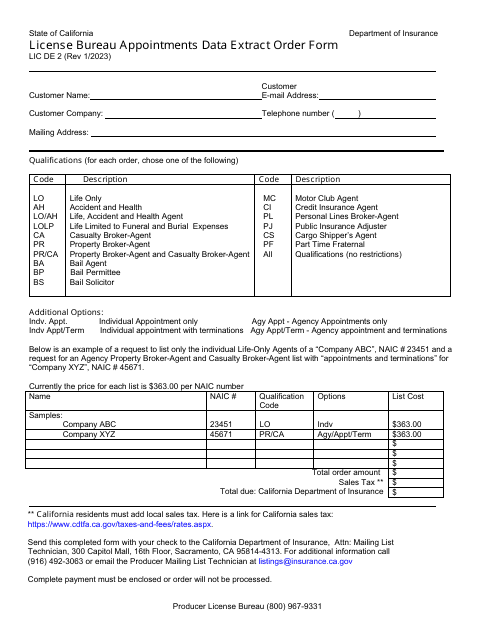 Form LIC DE2 License Bureau Appointments Data Extract Order Form - California