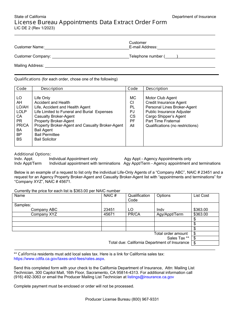 Form LIC DE2 License Bureau Appointments Data Extract Order Form - California, Page 1