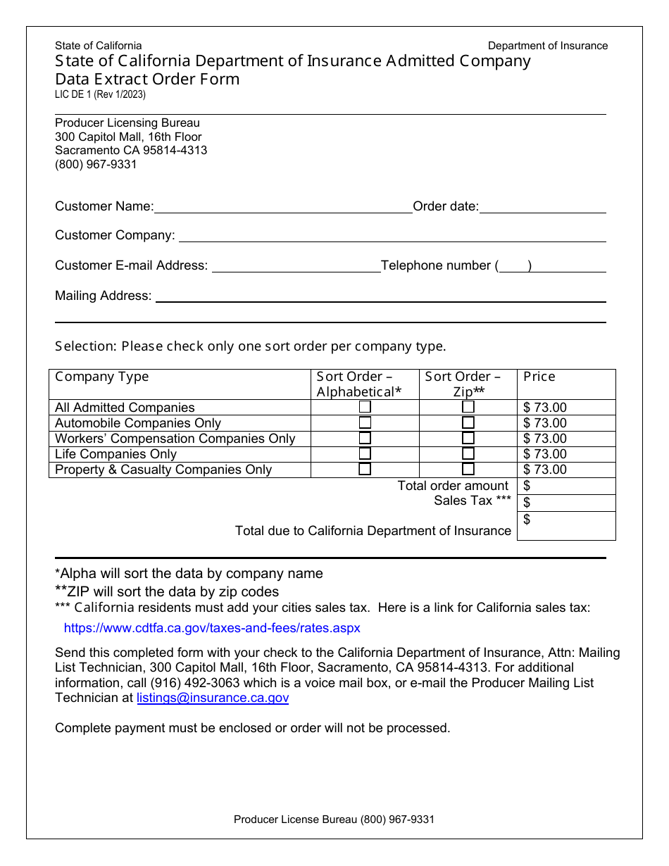Form LIC DE1 Admitted Company Data Extract Order Form - California, Page 1