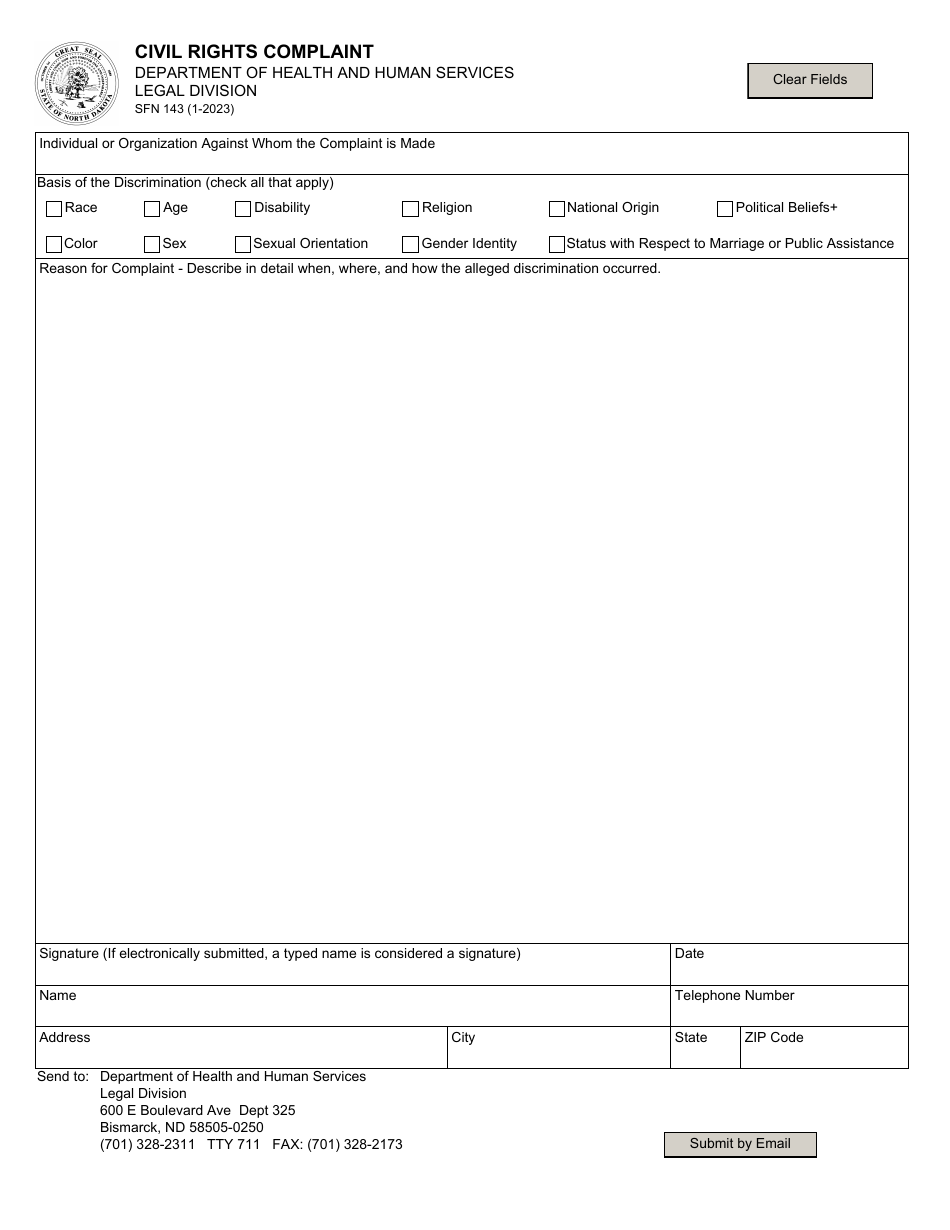 Form SFN143 Civil Rights Complaint - North Dakota, Page 1