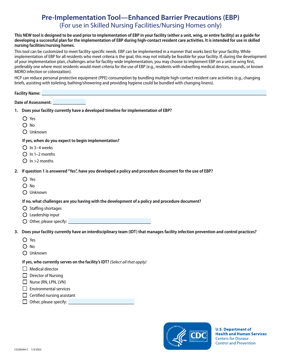 Form CS336344-C Pre-implementation Tool - Enhanced Barrier Precautions (Ebp) (For Use in Skilled Nursing Facilities/Nursing Homes Only), Page 1