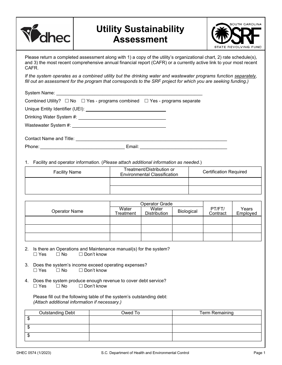 DHEC Form 0574 Utility Sustainability Assessment - South Carolina, Page 1