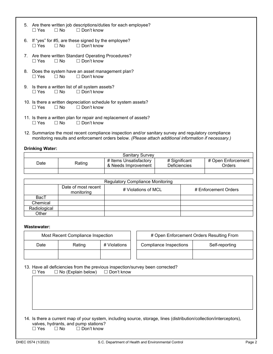 DHEC Form 0574 Utility Sustainability Assessment - South Carolina, Page 2