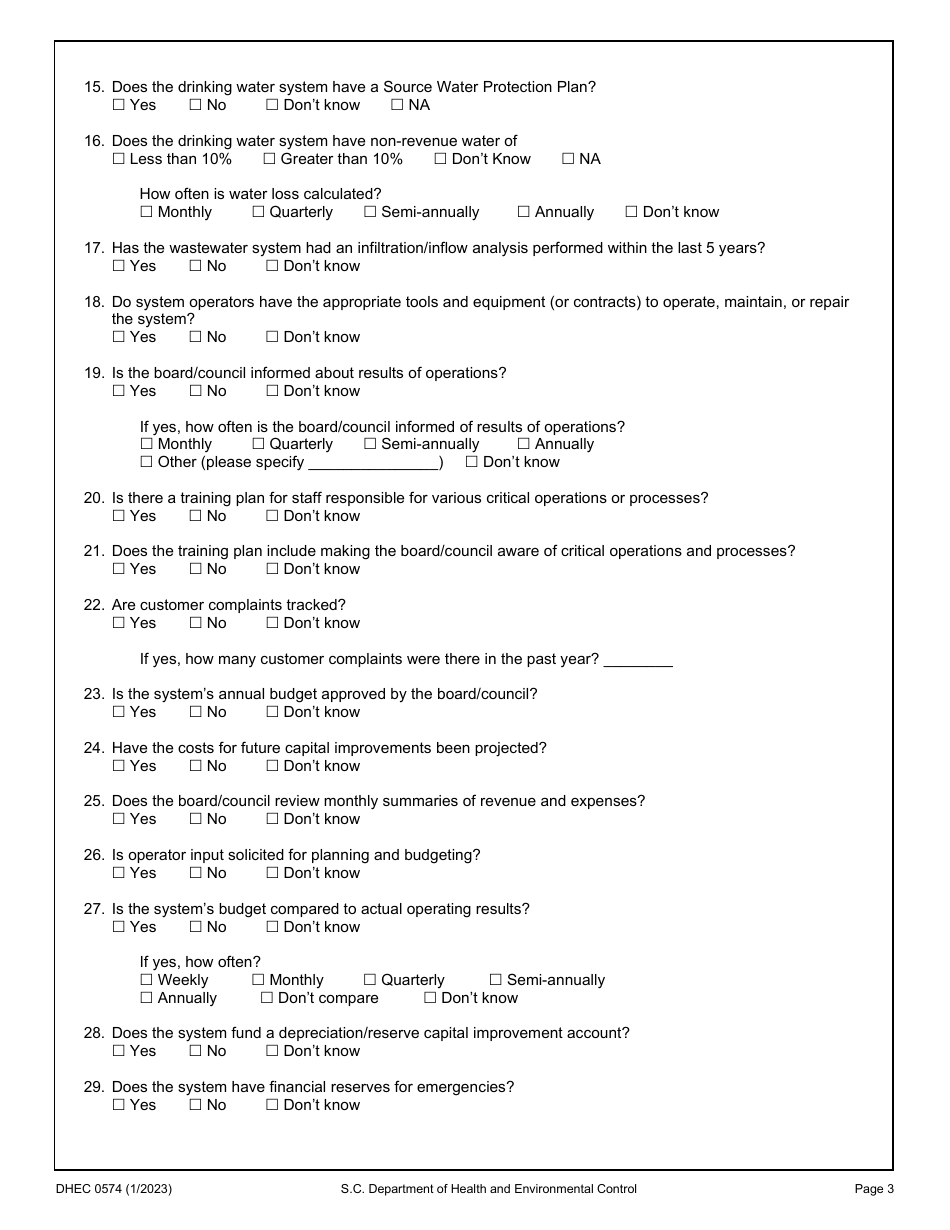 DHEC Form 0574 Utility Sustainability Assessment - South Carolina, Page 3
