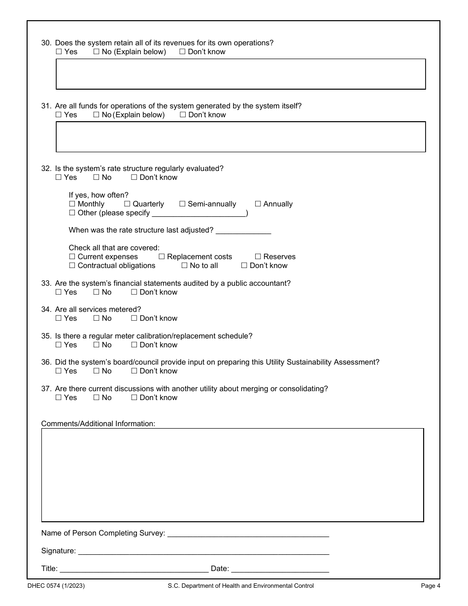 DHEC Form 0574 Utility Sustainability Assessment - South Carolina, Page 4