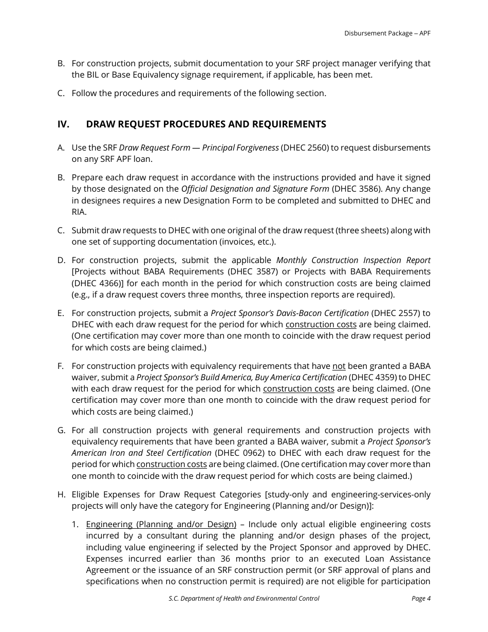 Srf Draw Request Checklist - Apf for Construction Projects - South Carolina, Page 4