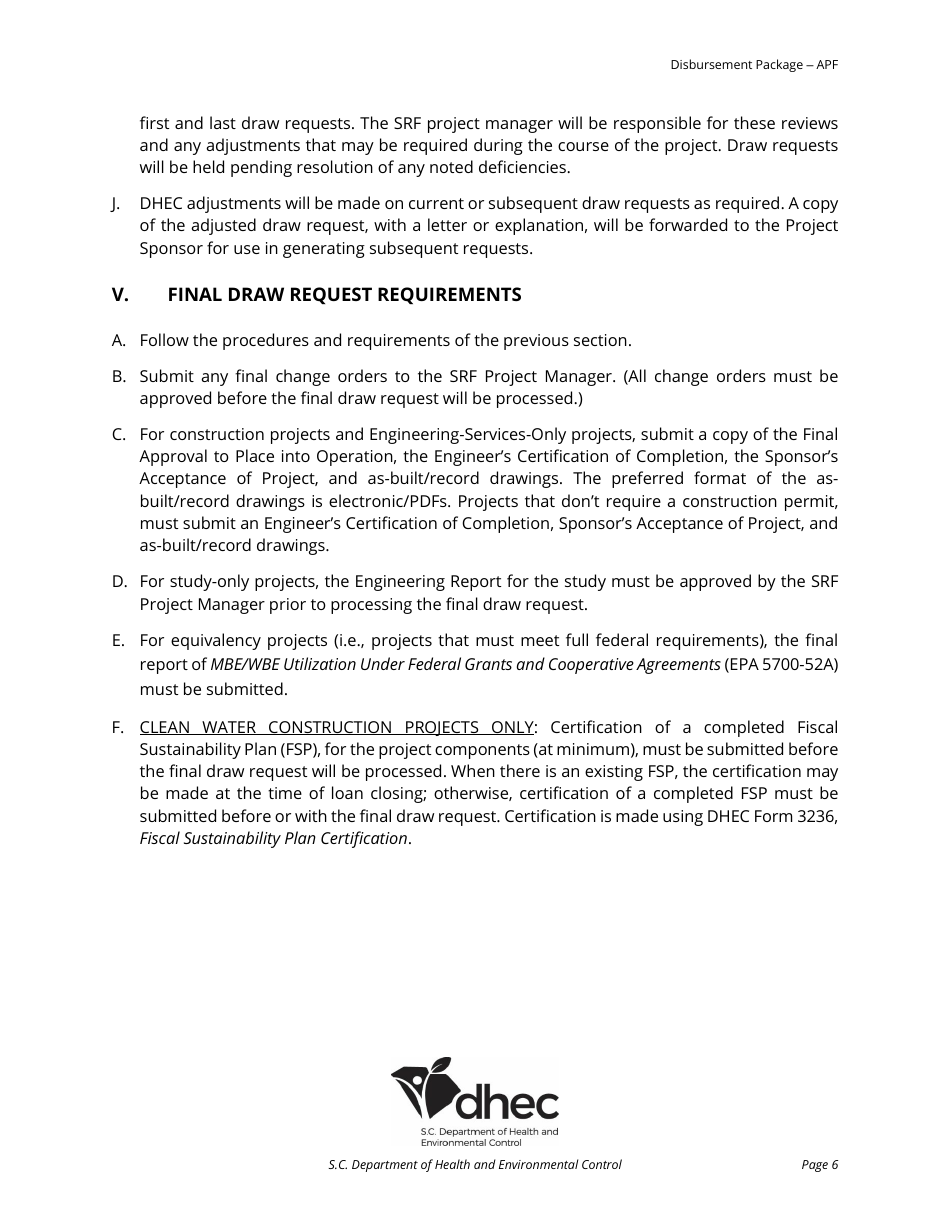Srf Draw Request Checklist - Apf for Construction Projects - South Carolina, Page 6