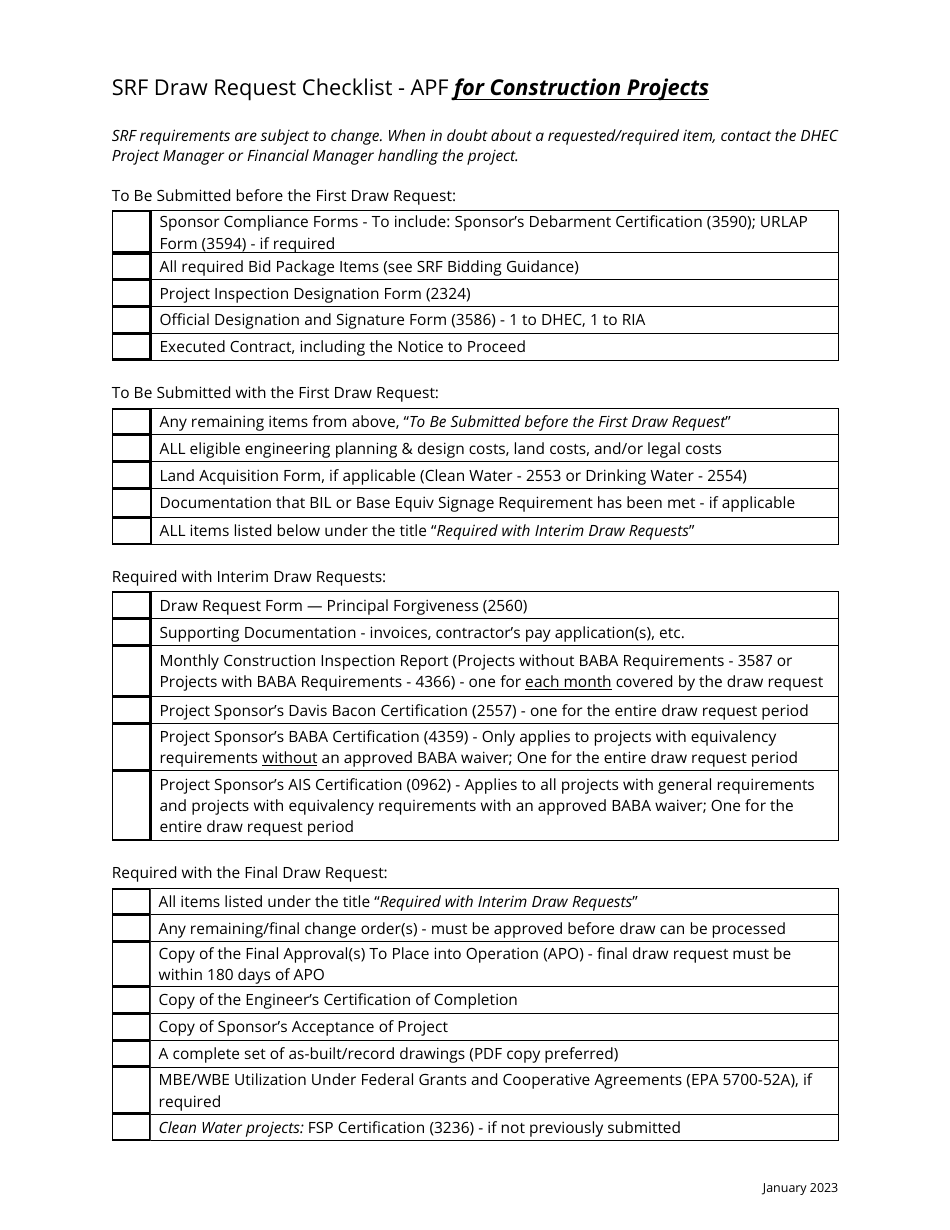 Srf Draw Request Checklist - Apf for Construction Projects - South Carolina, Page 7