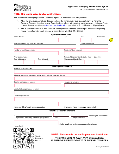 Form PR1021 Application to Employ Minors Under Age 18 - Louisiana