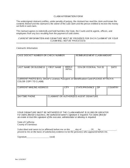 Claim Affirmation Form - Stanislaus County, California Download Pdf