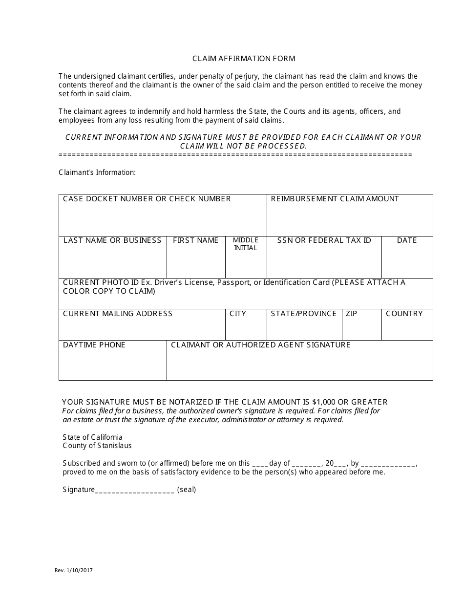 Claim Affirmation Form - Stanislaus County, California, Page 1
