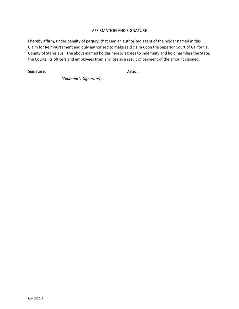 Stanislaus County California Claim Affirmation Form Fill Out Sign