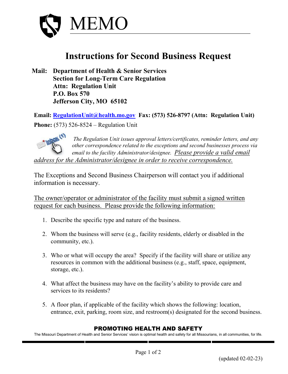 Instructions for Second Business Request - Missouri, Page 1