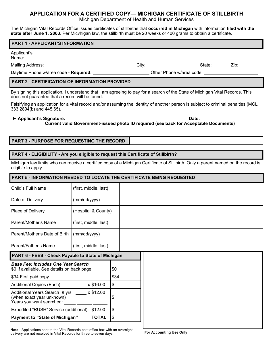 Form DCH-0569-SB Application for a Certified Copy- Michigan Certificate of Stillbirth - Michigan, Page 1