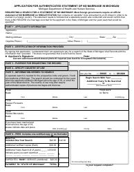 Form DCH-0569-NO MX-AUTH Application for Authenticated Statement of No Marriage in Michigan - Michigan