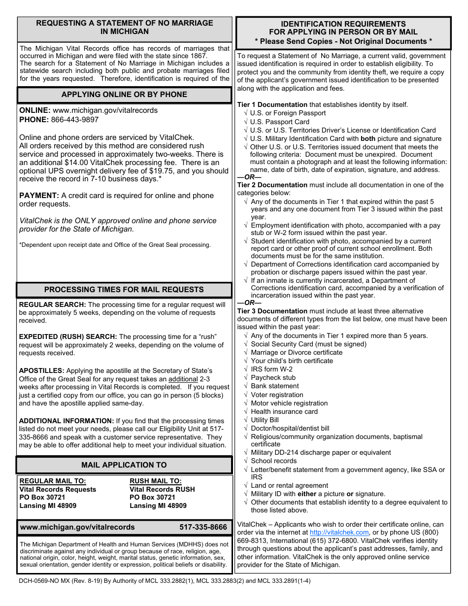 Form DCH-0569-NO MX Application for a Statement of No Marriage in Michigan - Michigan, Page 2