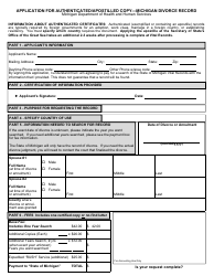 Form DCH-0569-DIV-AUTH Application for Authenticated/Apostilled Copy - Michigan Divorce Record - Michigan