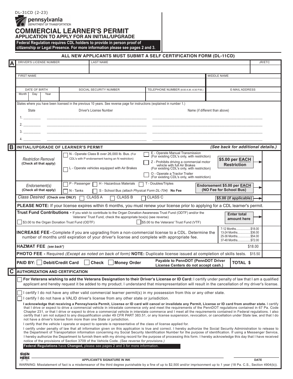 Form DL-31CD Commercial Learners Permit - Pennsylvania, Page 1