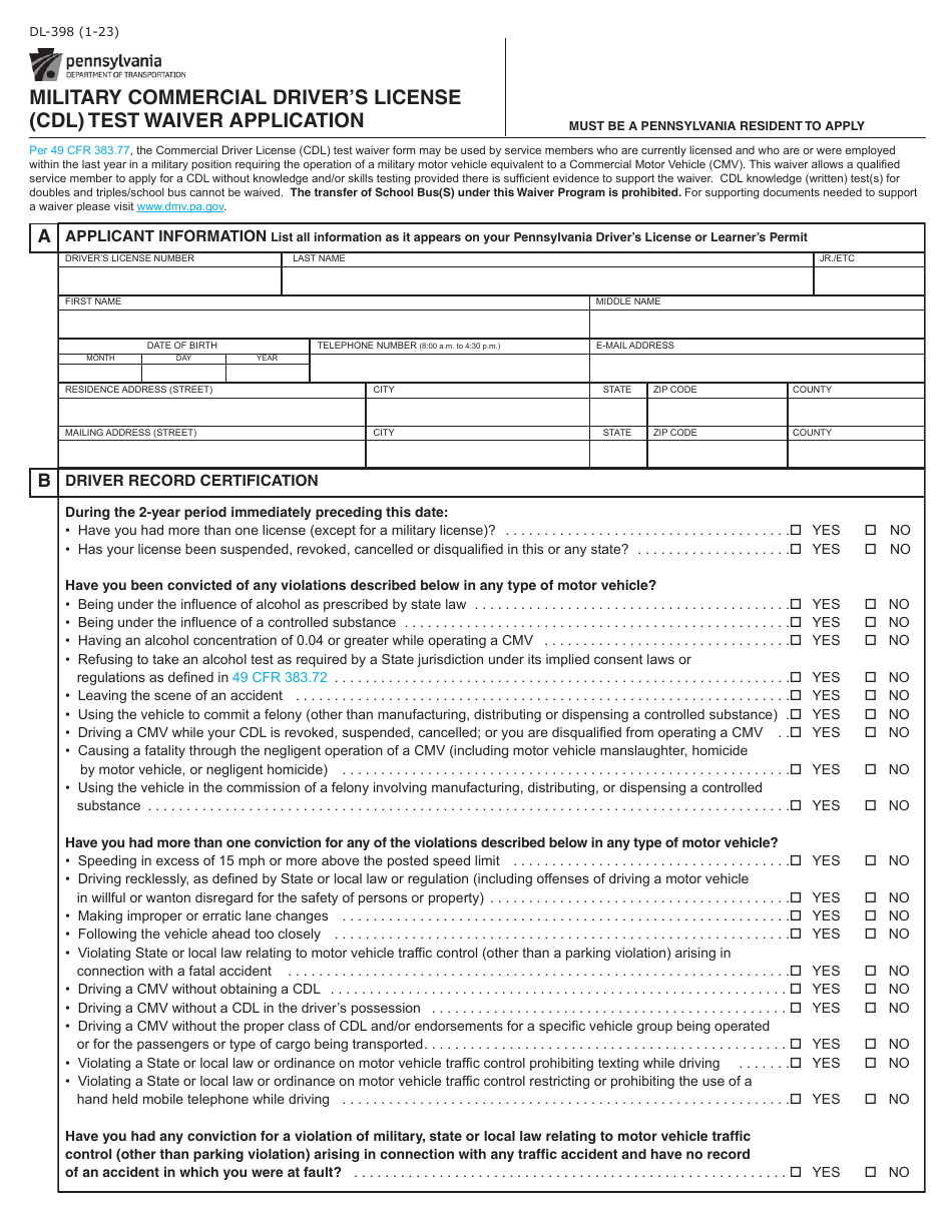 Form DL-398 Military Commercial Drivers License (Cdl) Test Waiver Application - Pennsylvania, Page 1