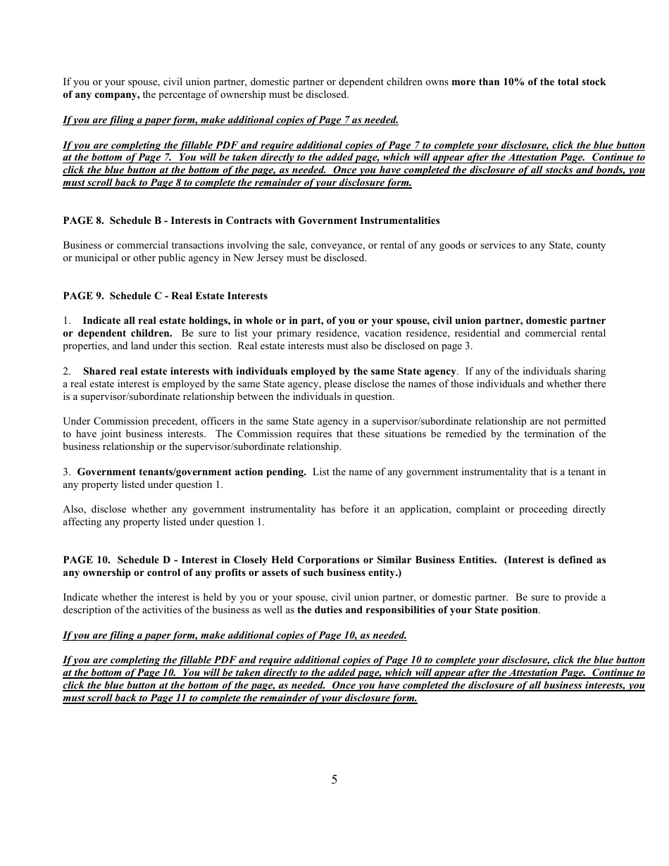 Instructions for Financial Disclosure Statement for Public Officers - New Jersey, Page 5