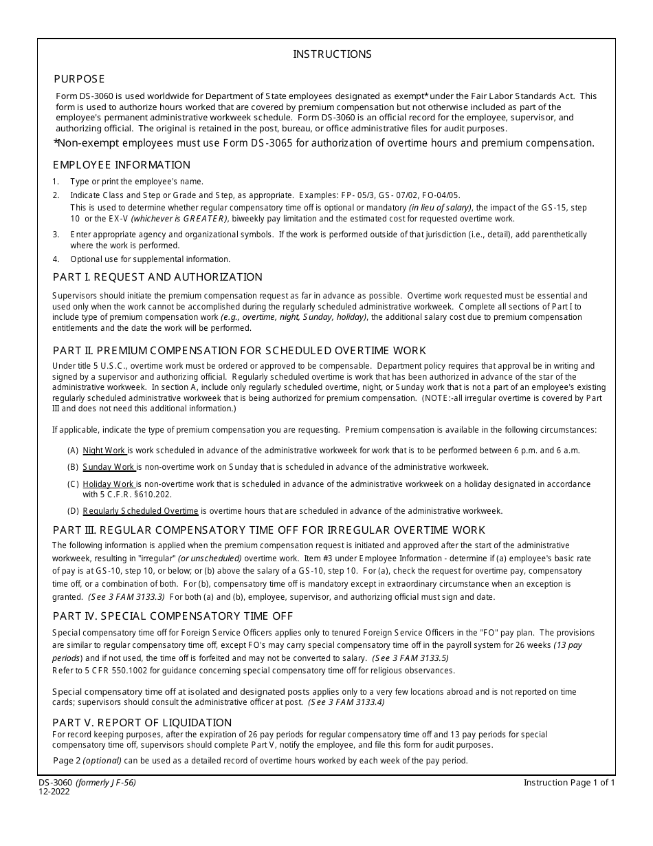 Form DS-3060 Authorization of Overtime and Premium Compensation for Flsa Exempt Employees, Page 1