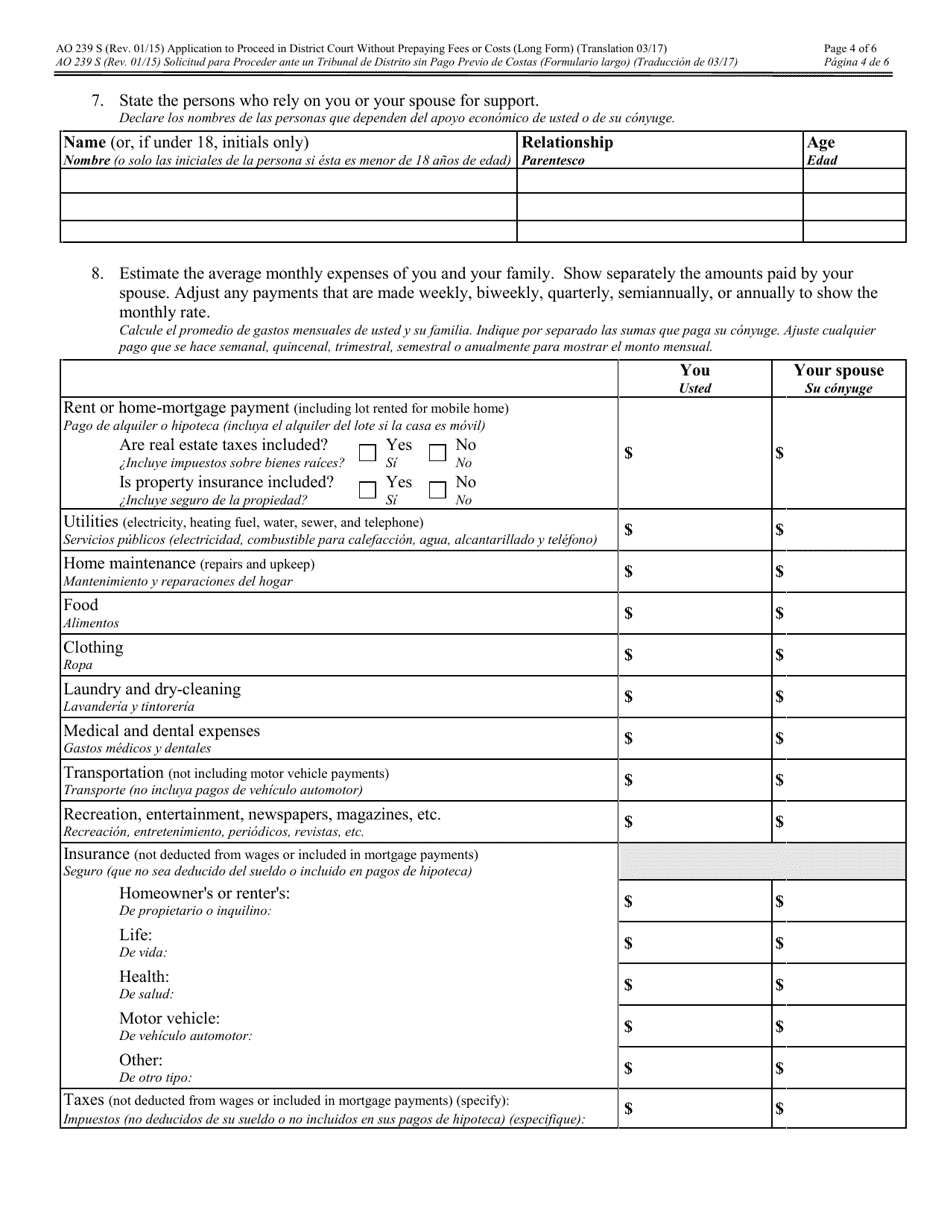 Form AO239 S Application to Proceed in District Court Without Prepaying Fees or Costs (Long Form) (English / Spanish), Page 4