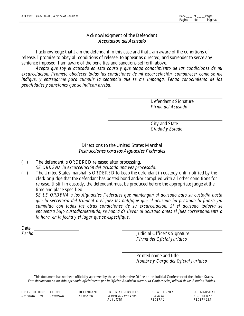 Form AO199CS Advice of Penalties / Acknowledgment (English / Spanish), Page 3