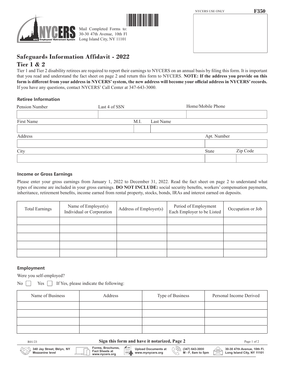Form F350 Safeguards Information Affidavit - Tier 1  2 - New York City, Page 1