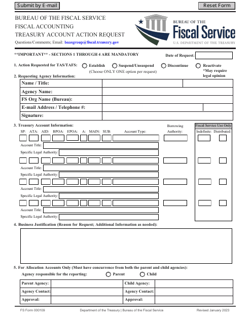 FS Form 000109 Treasury Account Action Request