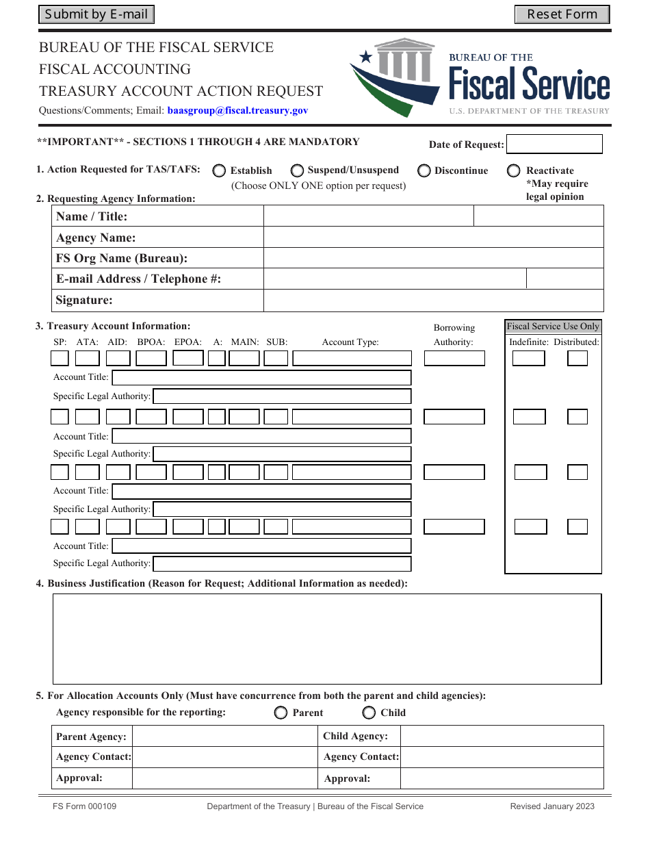 FS Form 000109 Treasury Account Action Request, Page 1