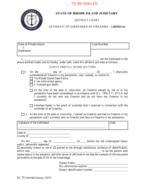 Form DC-75 Affidavit of Surrender of Firearms - Criminal - Rhode Island