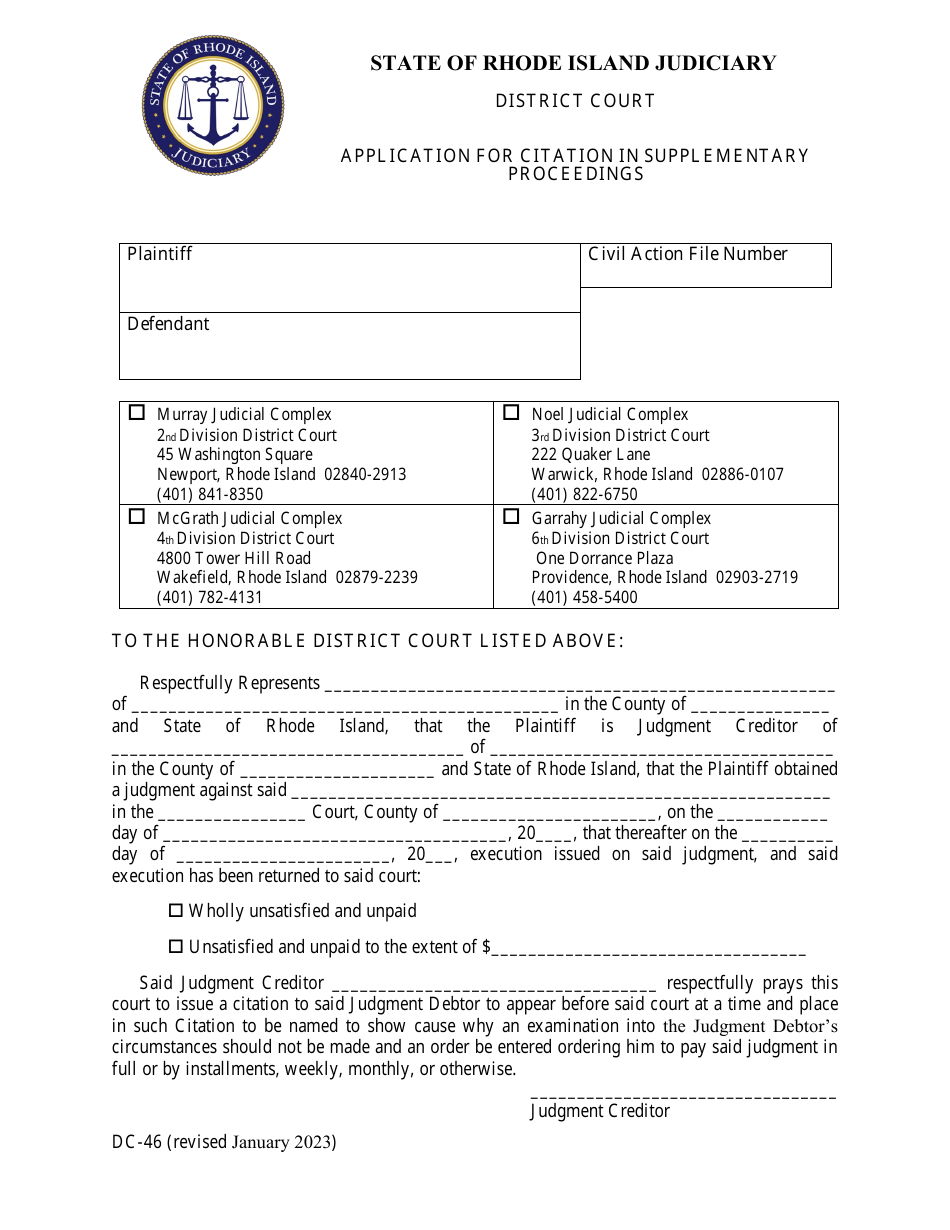 Form DC-46 Application for Citation in Supplementary Proceedings - Rhode Island, Page 1