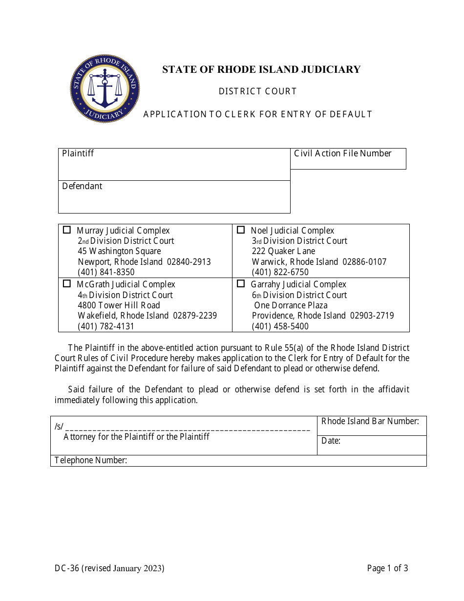 Form DC-36 Application to Clerk for Entry of Default - Rhode Island, Page 1