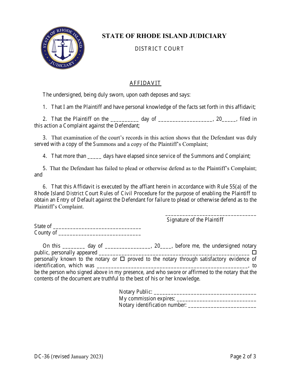 Form DC-36 Application to Clerk for Entry of Default - Rhode Island, Page 2