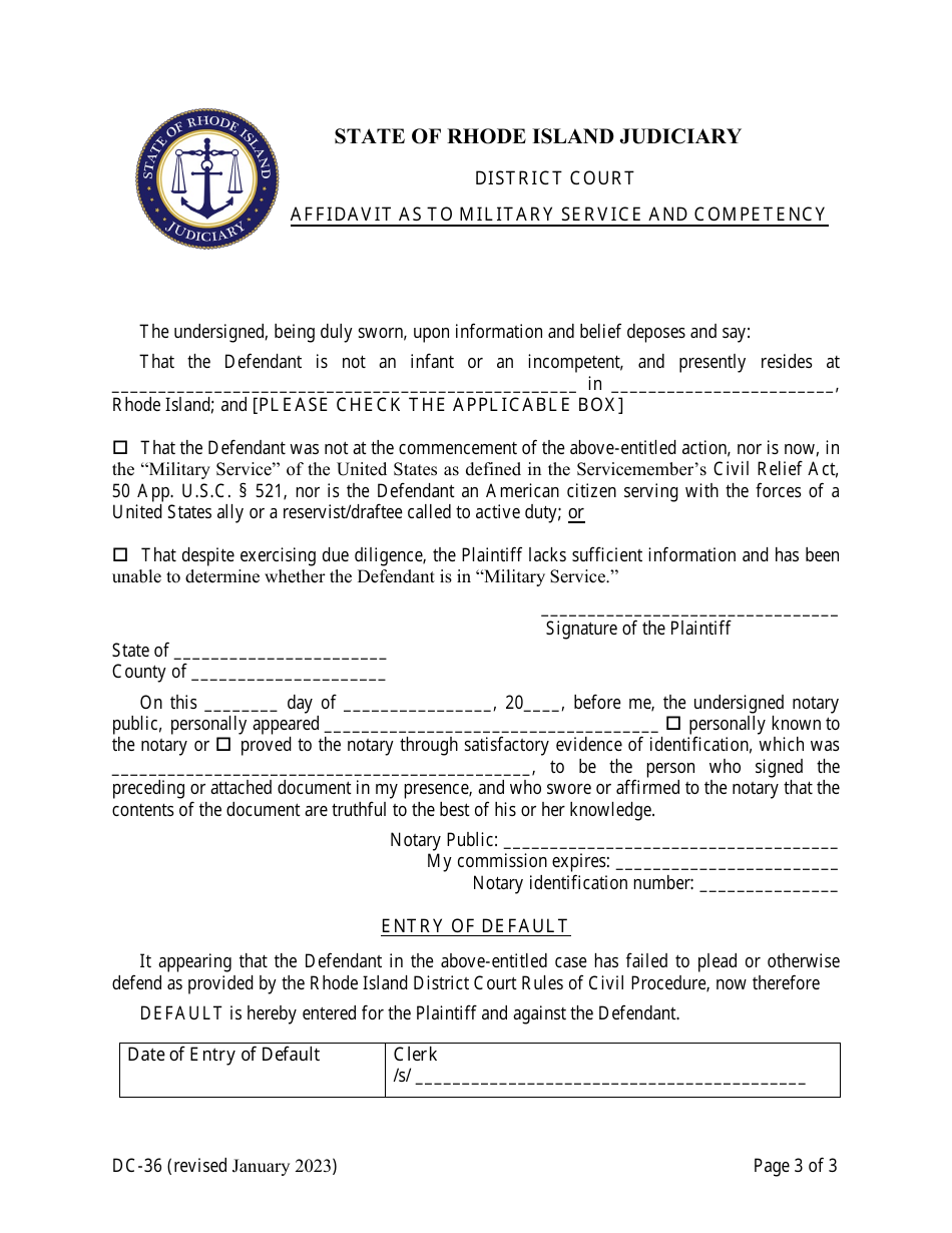 Form DC-36 Application to Clerk for Entry of Default - Rhode Island, Page 3