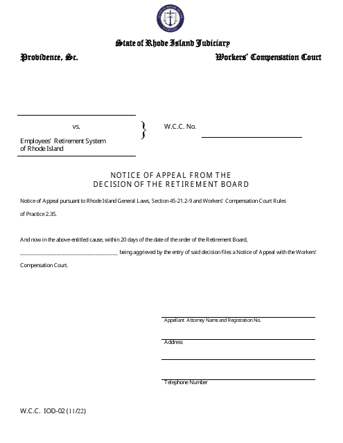 Form W.C.C. IOD-02 Notice of Appeal From the Decision of the Retirement Board - Rhode Island