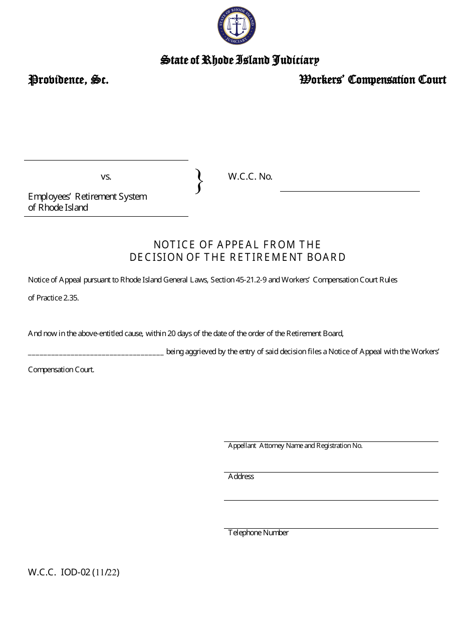 Form W.C.C. IOD-02 Notice of Appeal From the Decision of the Retirement Board - Rhode Island, Page 1