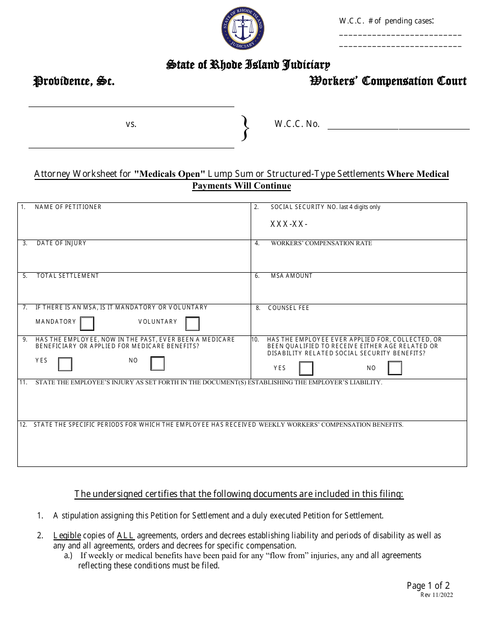 Attorney Worksheet for medicals Open Lump Sum or Structured-type Settlements Where Medical Payments Will Continue - Rhode Island, Page 1