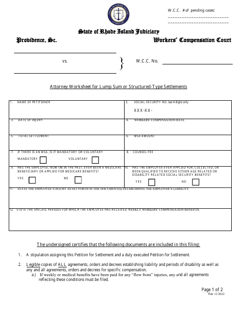 Attorney Worksheet for Lump Sum or Structured-type Settlements - Rhode Island Download Pdf