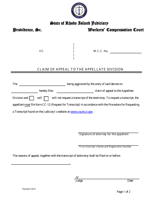 Claim of Appeal to the Appellate Division - Rhode Island Download Pdf