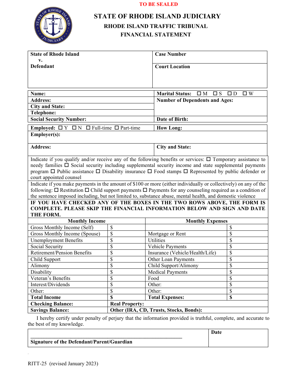 Form RITT-25 Financial Statement - Rhode Island, Page 1