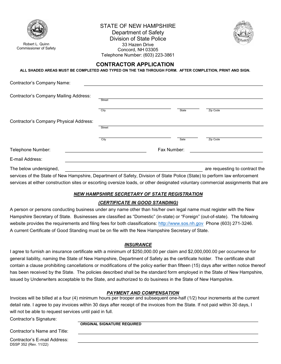 Form DSSP352 Contractor Application - New Hampshire, Page 1