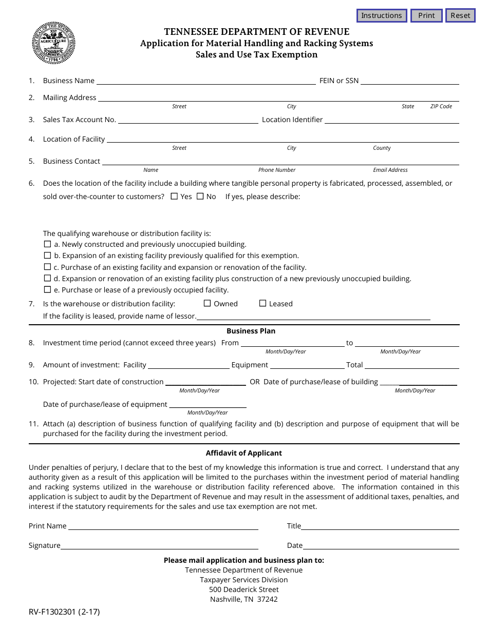 Form RV-F1302301 Application for Material Handling and Racking Systems Sales and Use Tax Exemption - Tennessee, Page 1